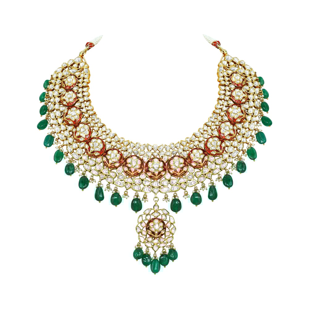 Polki Necklace with Red Enamel and Emerald Drops